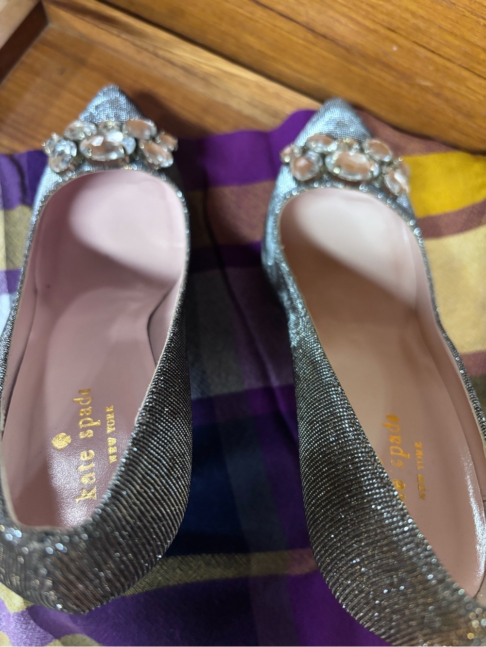 kate spade Gold Glitter Jeweled Pointed-Toe Pumps with Crystal Accent - Picture 7 of 10